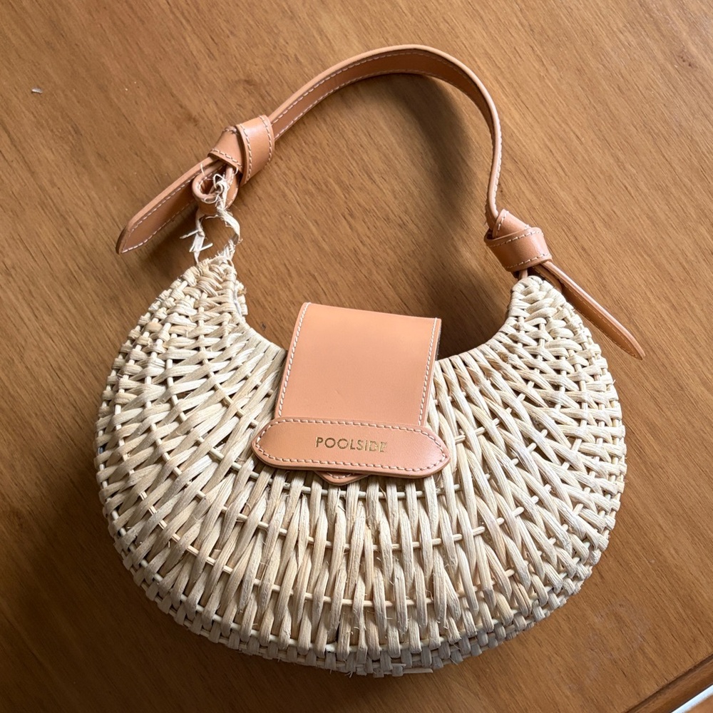 Poolside Cream Woven Crescent Shoulder Bag with Tan Trim